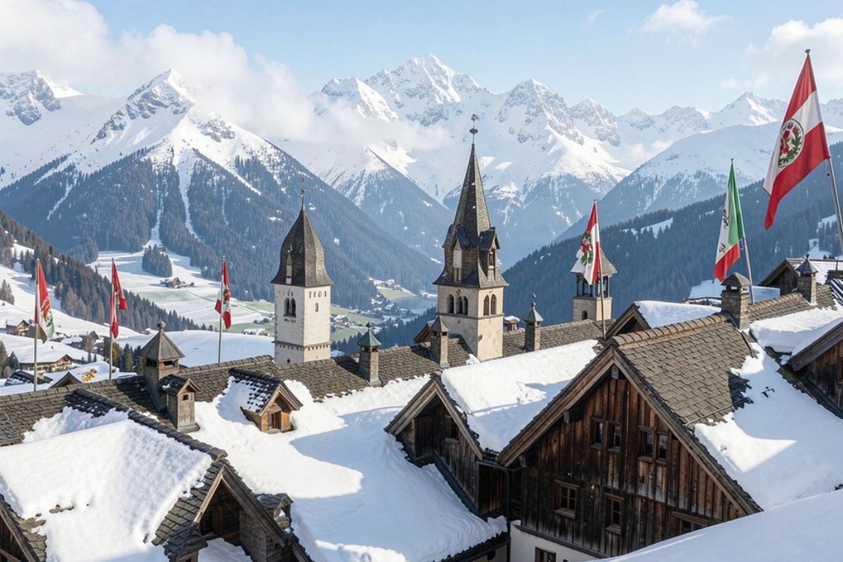 Vista panoramica di Champoluc con le montagne e la neve, rappresentativa delle tradizioni locali